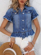 Plush Fashion Hub ruffle hem short sleeve denim jacket with button closure and stylish design, perfect for casual wear.