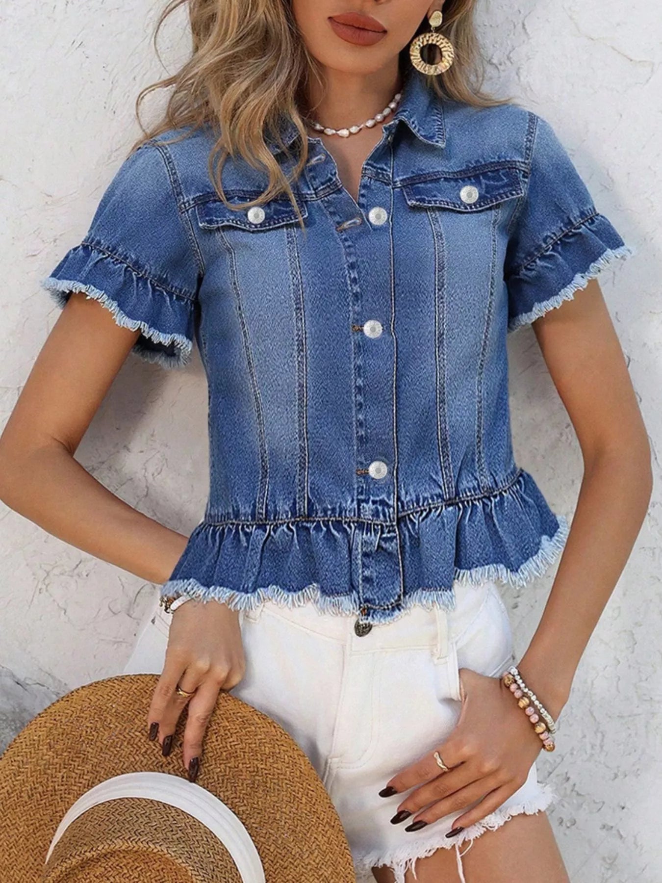 Plush Fashion Hub ruffle hem short sleeve denim jacket with button closure and stylish design, perfect for casual wear.