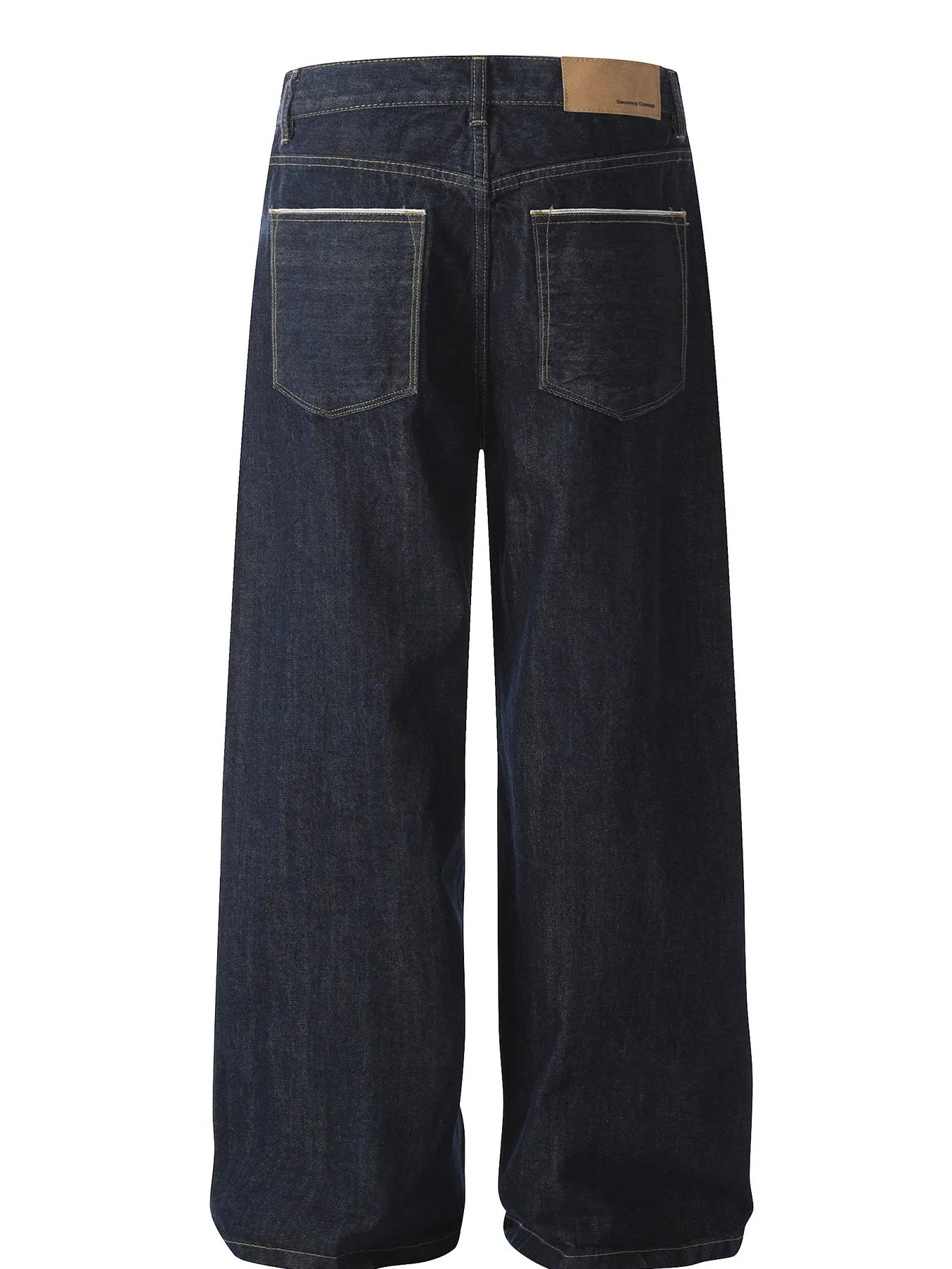 Men's wide leg denim jeans by Plush Fashion Shop, showing the relaxed fit and classic blue wash with visible stitching.