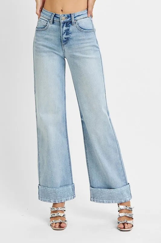 Stretchy high-rise ankle jeans with wide cuffs and tummy control from Plush Fashion Hub, shown in dark denim fabric.