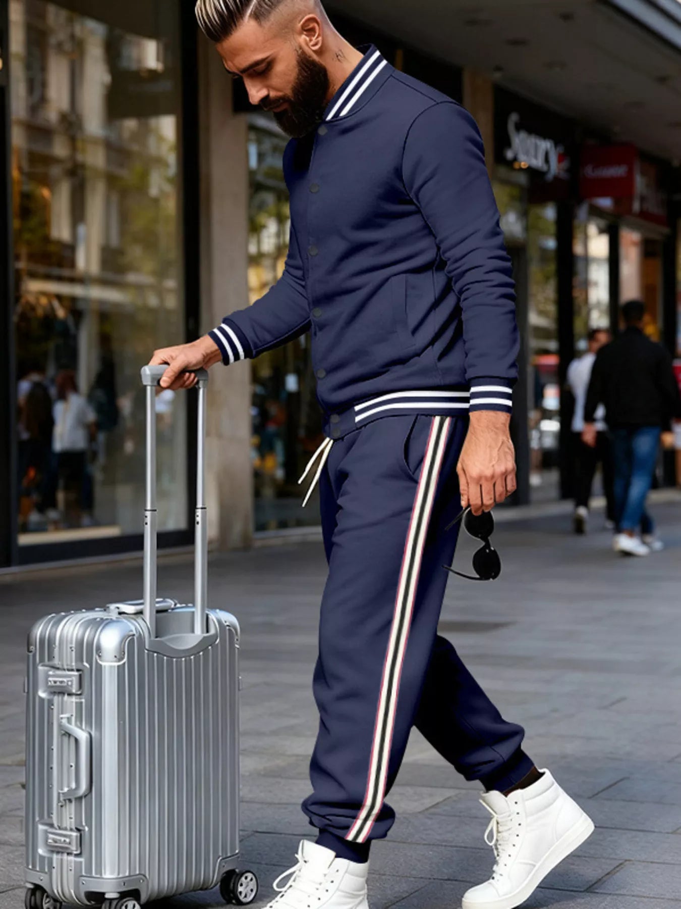 Men's plus size striped snap-down top and matching pants set by Trendsi, casual and comfortable clothing ensemble.