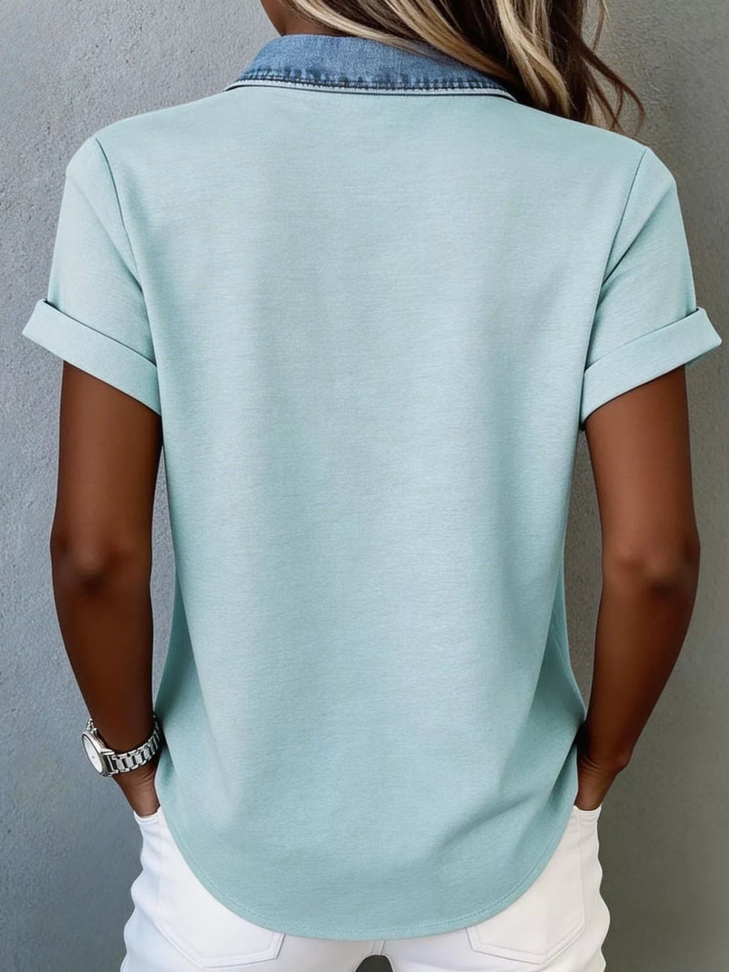 Denim trim short sleeve shirt from Trendsi featuring a casual design with denim accents and a comfortable fit.