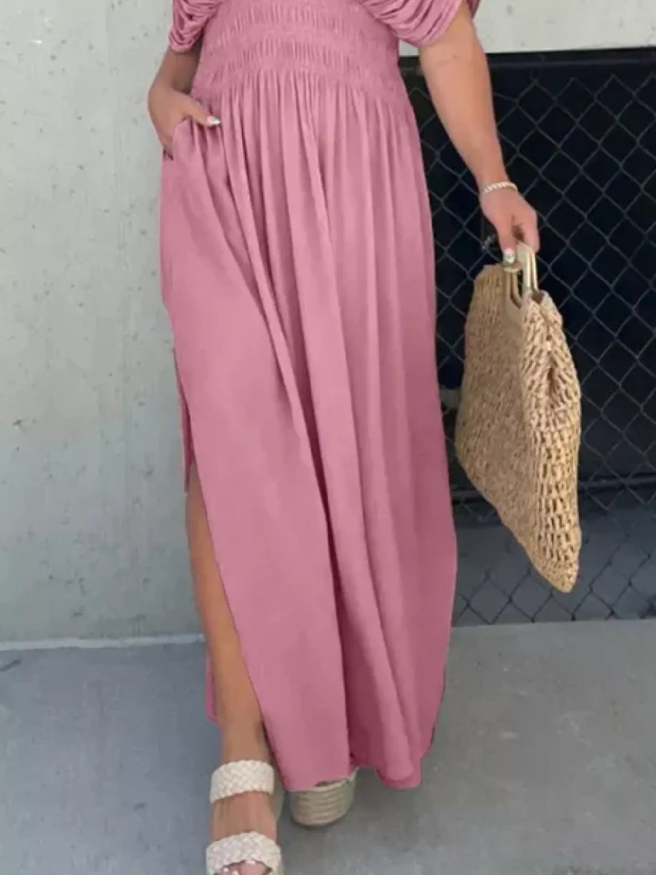 Plus size maxi dress with slit V-neck, smocked waist, and flowing fabric, by Trendsi, shown in a full-length view.