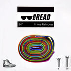 Colorful Prime Rainbow elastic shoelace by Bread, showing vibrant rainbow pattern and flexible design for easy lacing.