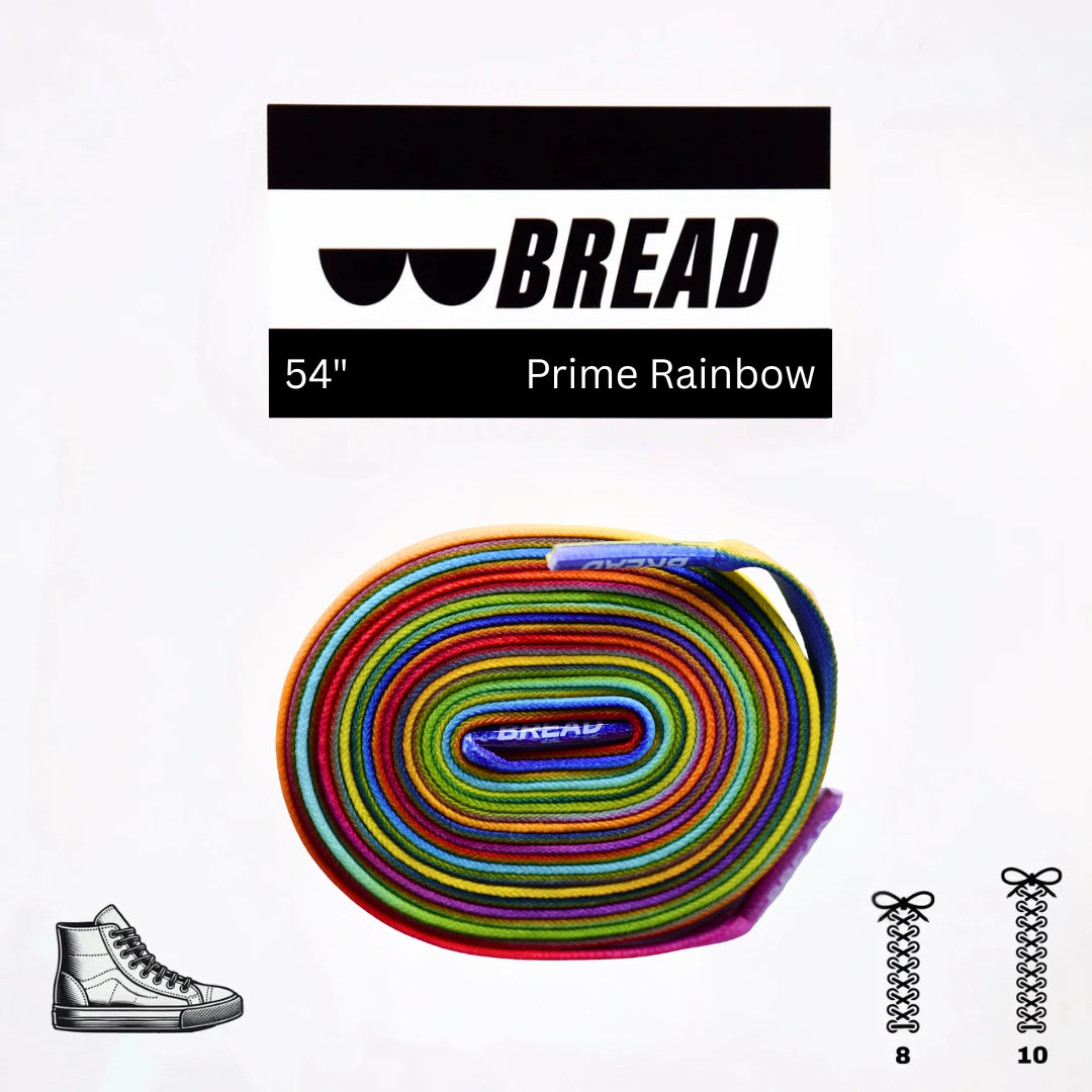 Colorful Prime Rainbow elastic shoelace by Bread, showing vibrant rainbow pattern and flexible design for easy lacing.
