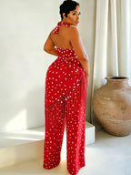 Polka dot halter neck cami and fringe trim pants set by Trendsi, featuring a stylish halter top and matching wide-leg pants.