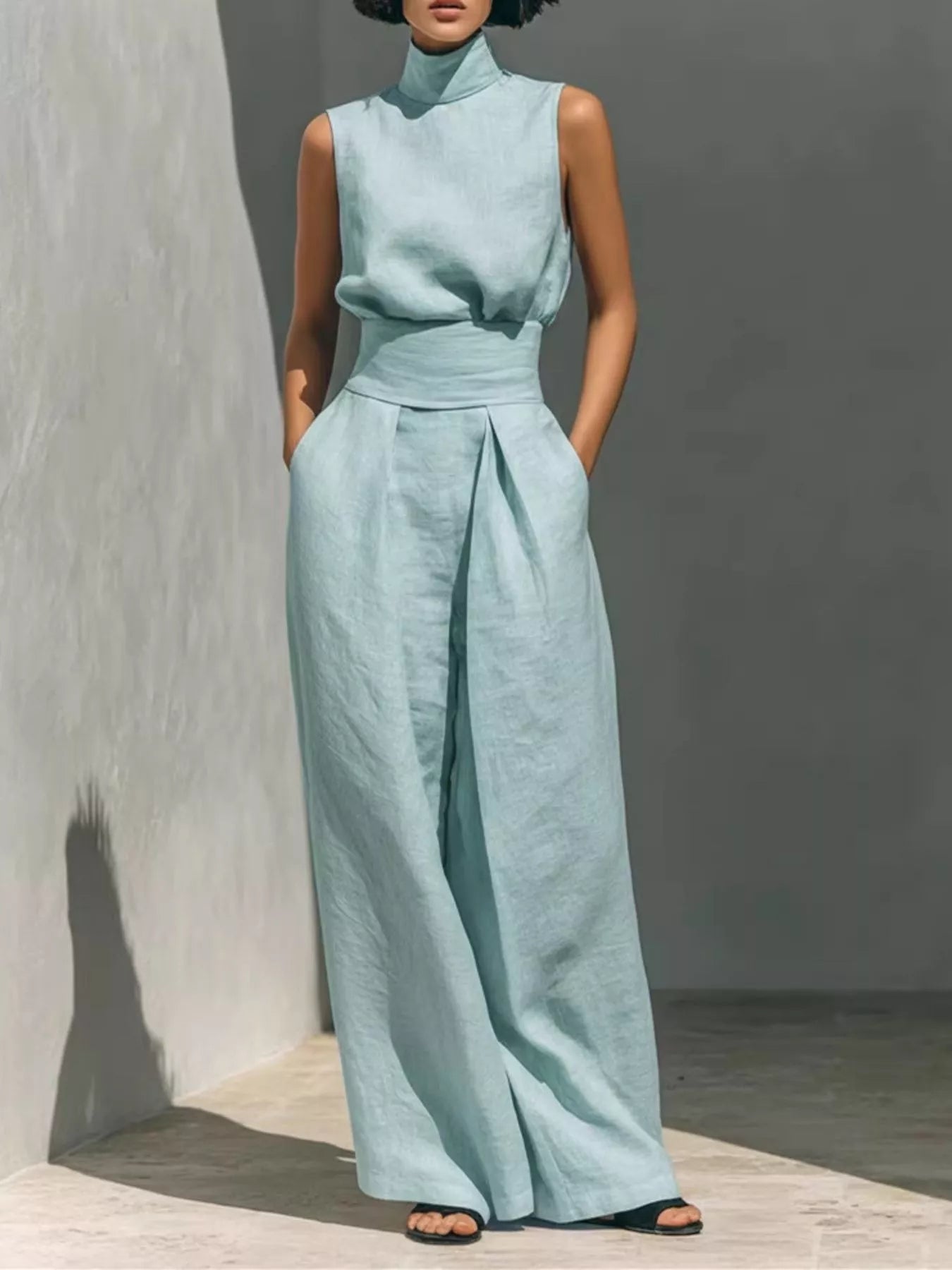 Sleeveless turtleneck top and wide-leg pants set from Trendsi, featuring a stylish, coordinated outfit in neutral tones.