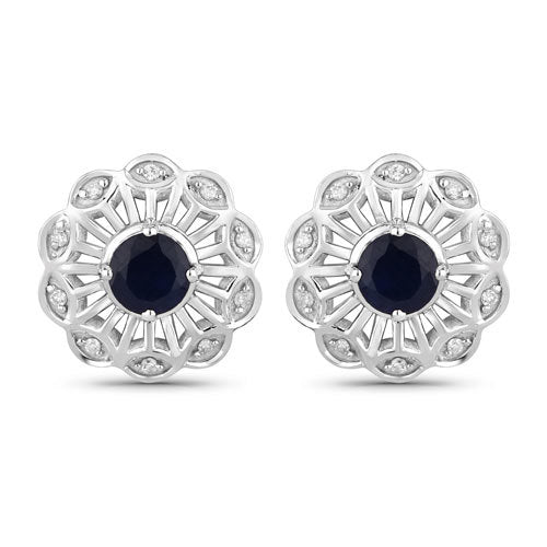 0.60 Carat Genuine Blue Sapphire and White Diamond 14K White Gold Earrings