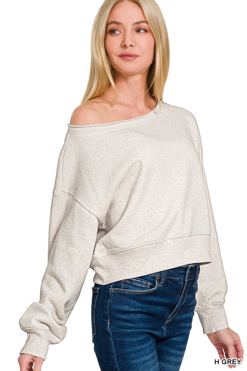 Women's cropped boat-neck fleece sweatshirt by Trendsi, cozy casual pullover with long sleeves and soft fleece fabric.