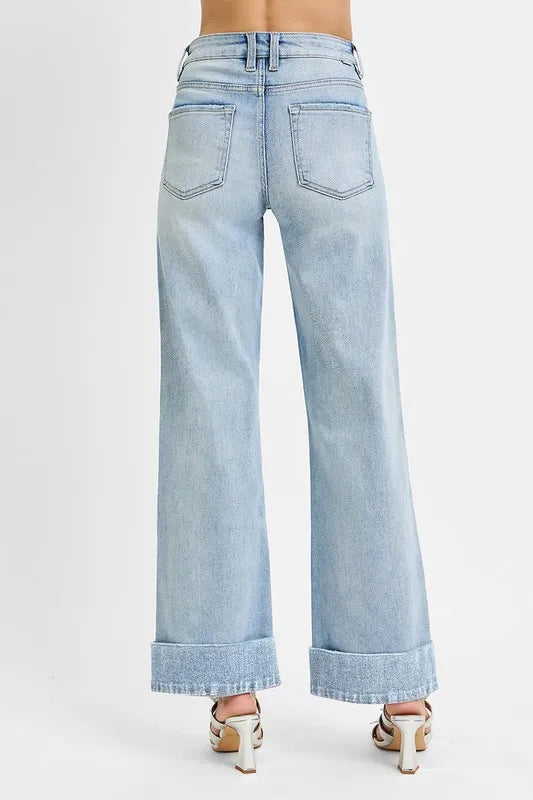High-rise tummy control wide cuffed ankle jeans by Plush Fashion Hub in stretchy denim, showcasing the fit and cuffed design.