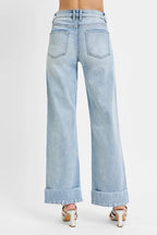 High-rise tummy control wide cuffed ankle jeans by Plush Fashion Hub in stretchy denim, showcasing the fit and cuffed design.
