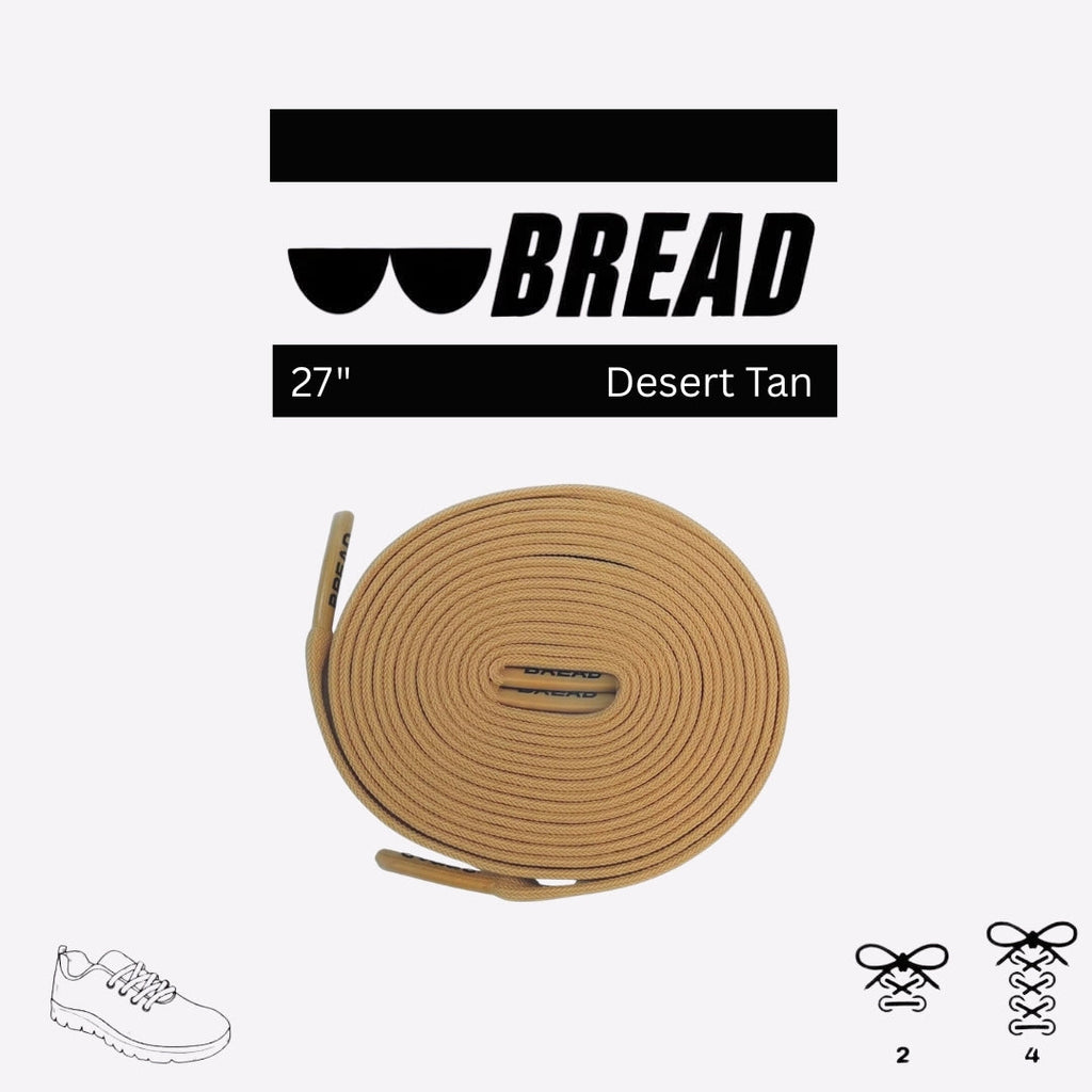 Coiled 27-inch round shoelaces in a desert tan color, featuring "BREAD" branding on the matching plastic aglets.