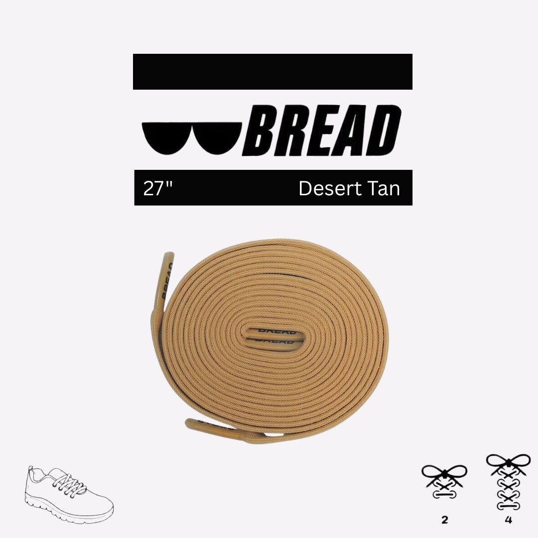 Coiled 27-inch round shoelaces in a desert tan color, featuring "BREAD" branding on the matching plastic aglets.