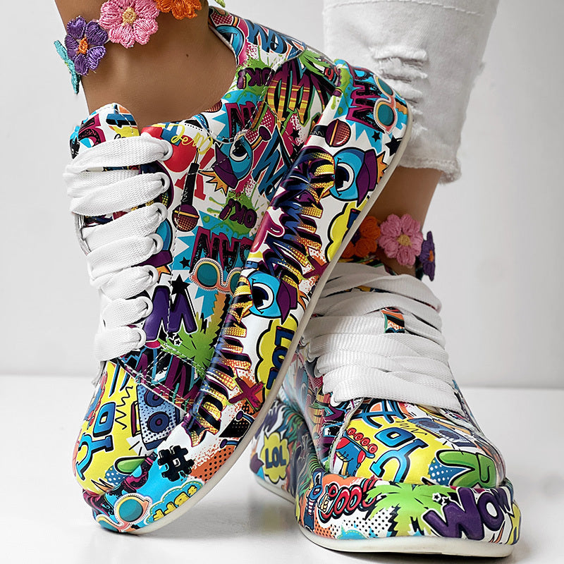 Women’s FitiqueFit round-toe thick-sole lace-up sneakers with casual printed design, featuring sturdy soles and stylish footwear.