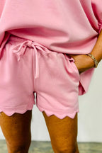 Soft cream scalloped V-neck dolman top and drawstring shorts set, oversized casual clothing from Trendsi.