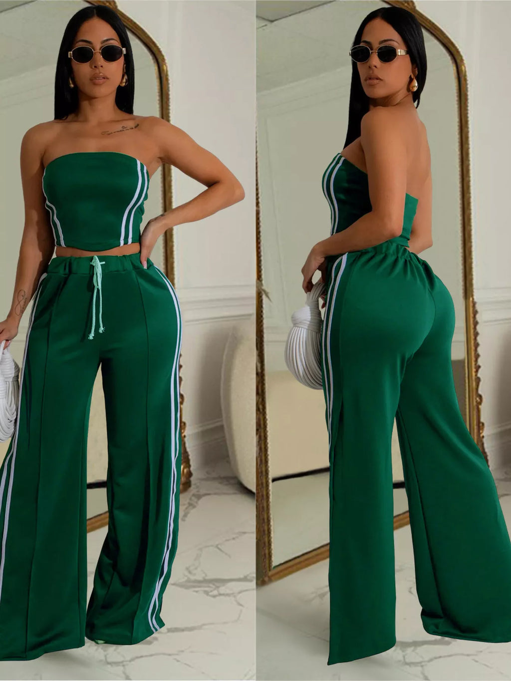 Trendsi sleeveless tube top and wide-leg pants set, featuring a stylish matching outfit with a fitted tube top and flowy pants.