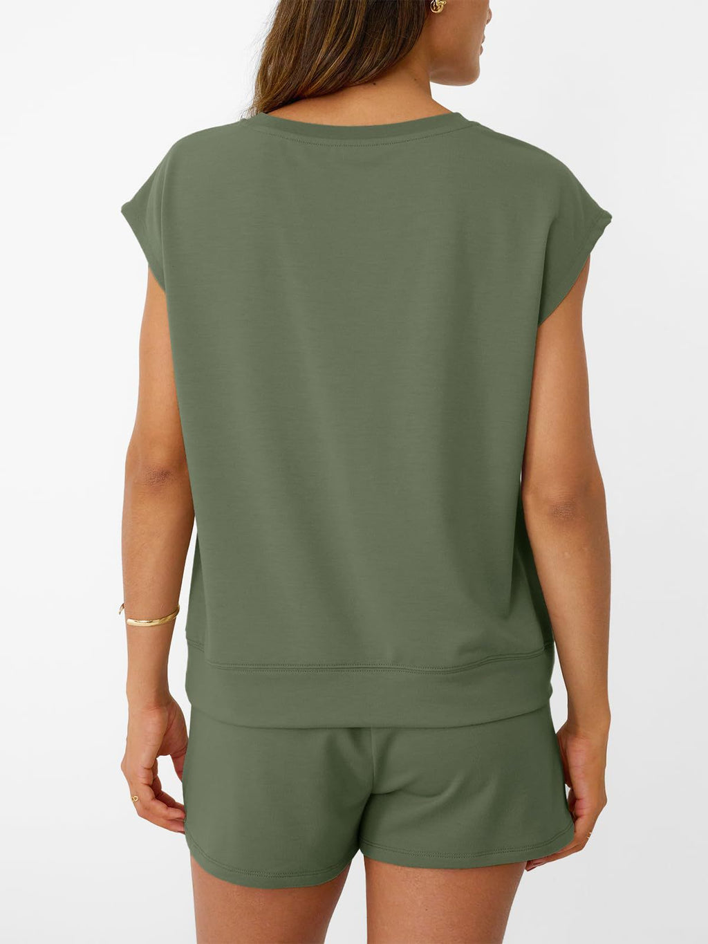 Women's soft round neck cap sleeve lounge set with drawstring shorts, trendy 2-piece sleepwear from Trendsi.