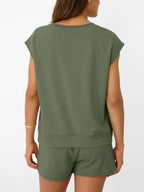 Women's soft round neck cap sleeve lounge set with drawstring shorts, trendy 2-piece sleepwear from Trendsi.