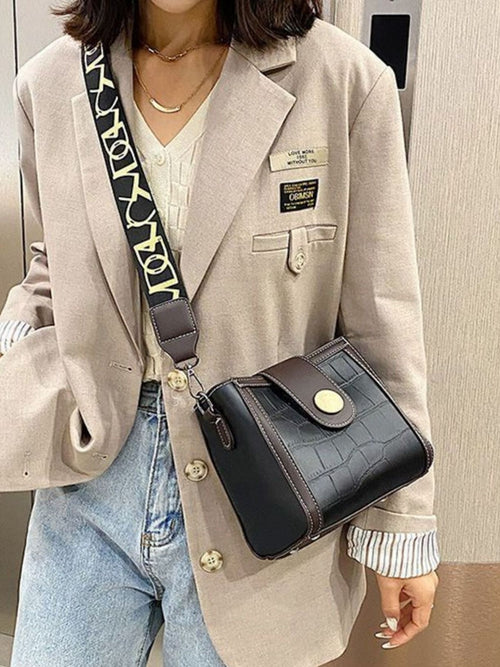 Crocodile embossed wide strap crossbody bag in premium PU leather, trendy and stylish for everyday use.