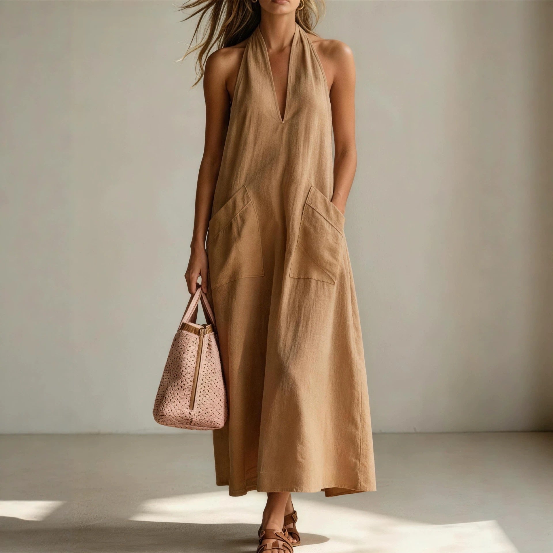 Cotton halterneck sleeveless deep V-neck casual dress by FitiqueFit, featuring a loose straight-line fit and sleeveless design.