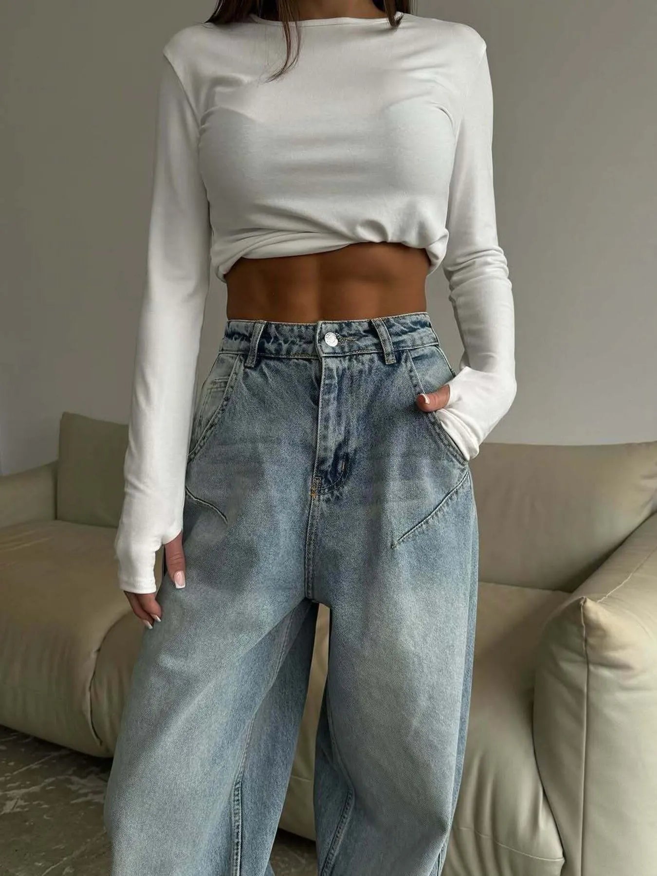 Plush Fashion Hub wide leg denim jeans featuring a relaxed fit, classic blue wash, and high-waisted design.