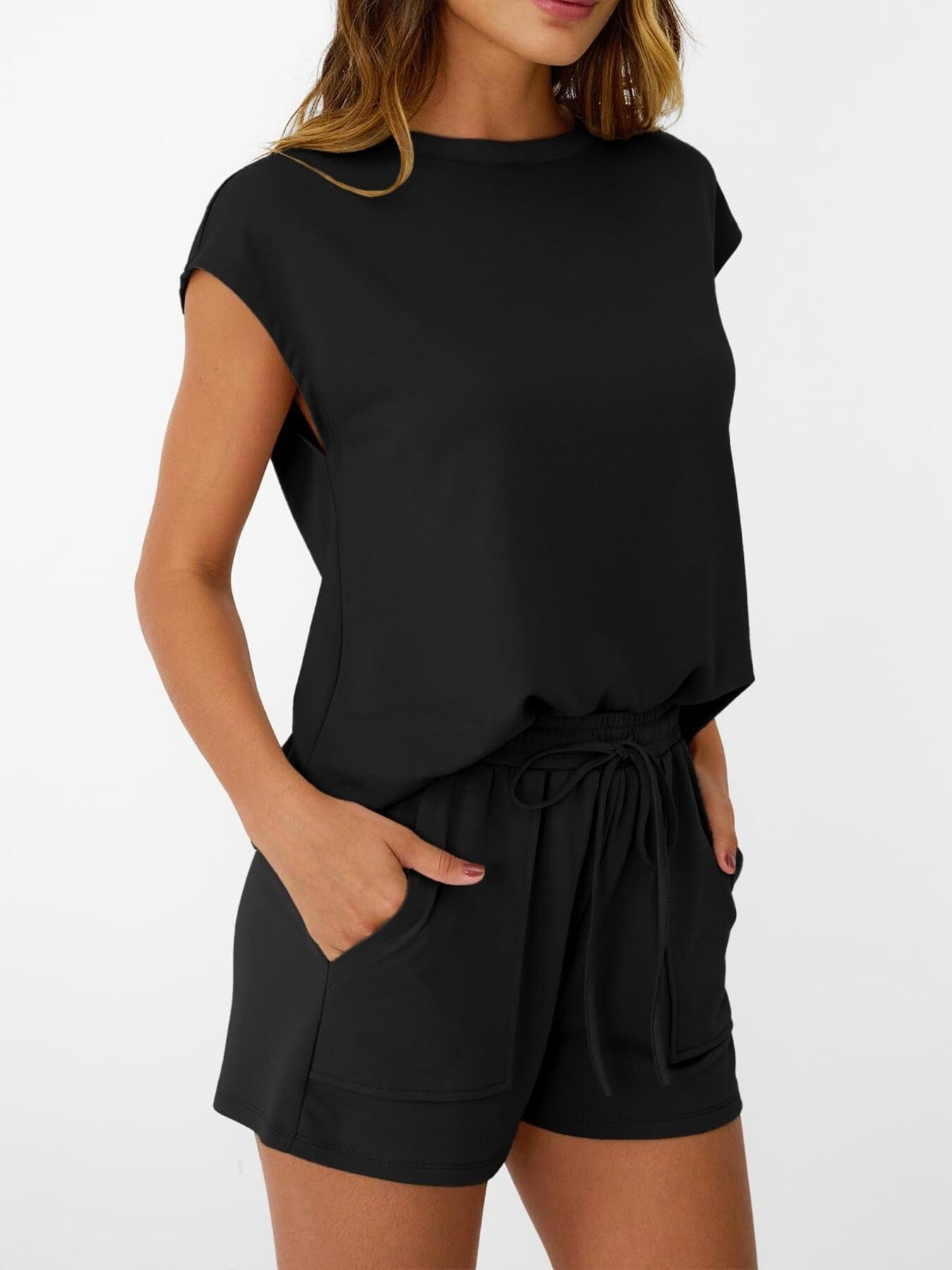 Women's soft round neck cap sleeve lounge set with drawstring shorts, featuring a comfortable 2-piece design by Trendsi.