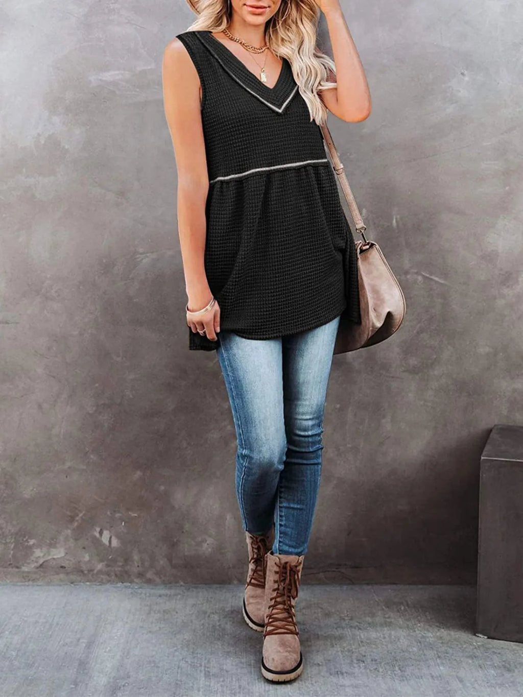 V-neck waffle knit tank top with contrast stitching, casual sleeveless top from Trendsi featuring textured fabric and stylish design.