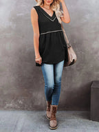 V-neck waffle knit tank top with contrast stitching, casual sleeveless top from Trendsi featuring textured fabric and stylish design.