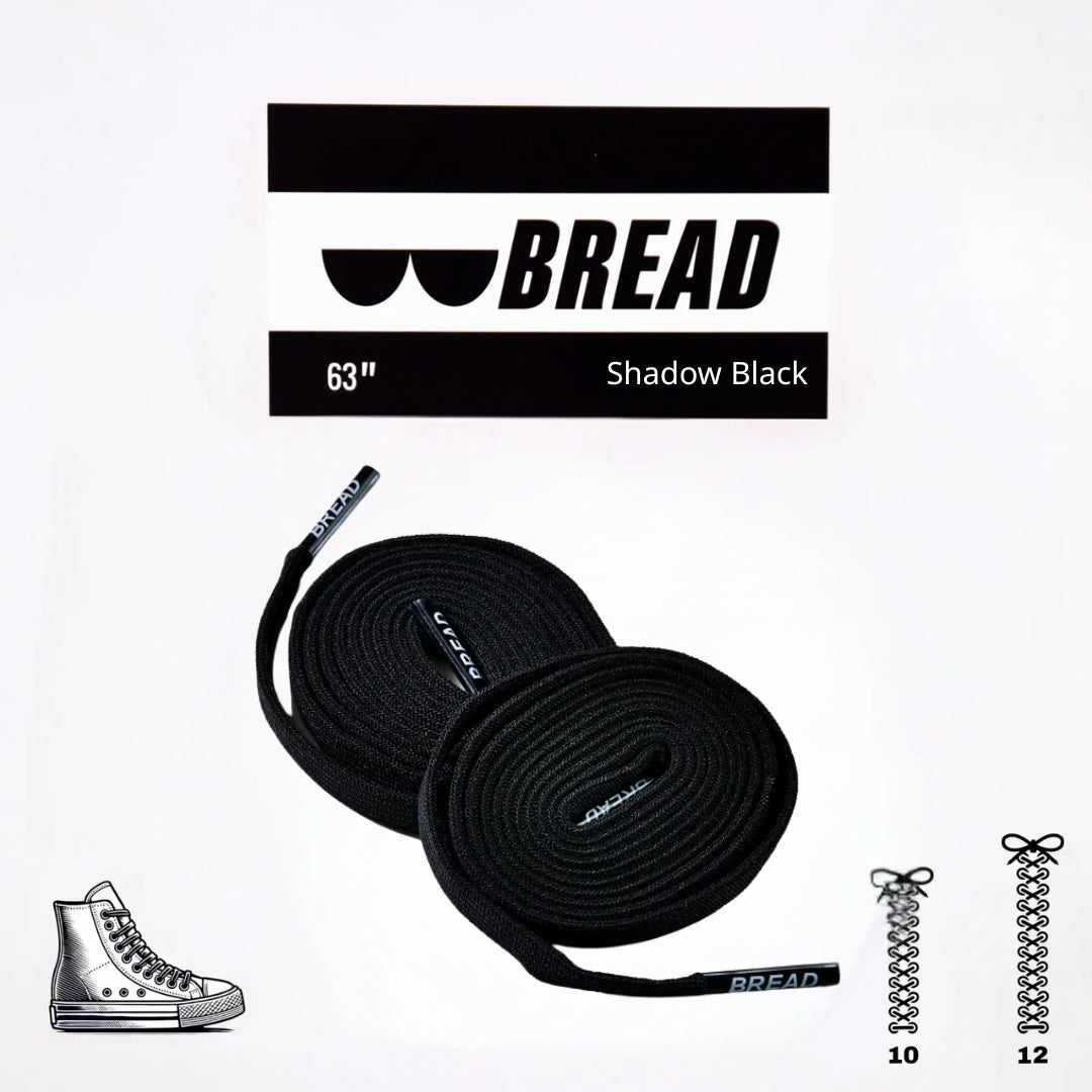 Sparkly black elastic shoelaces by Bread, featuring a shiny, stretchy design ideal for comfortable, secure fit on sneakers.
