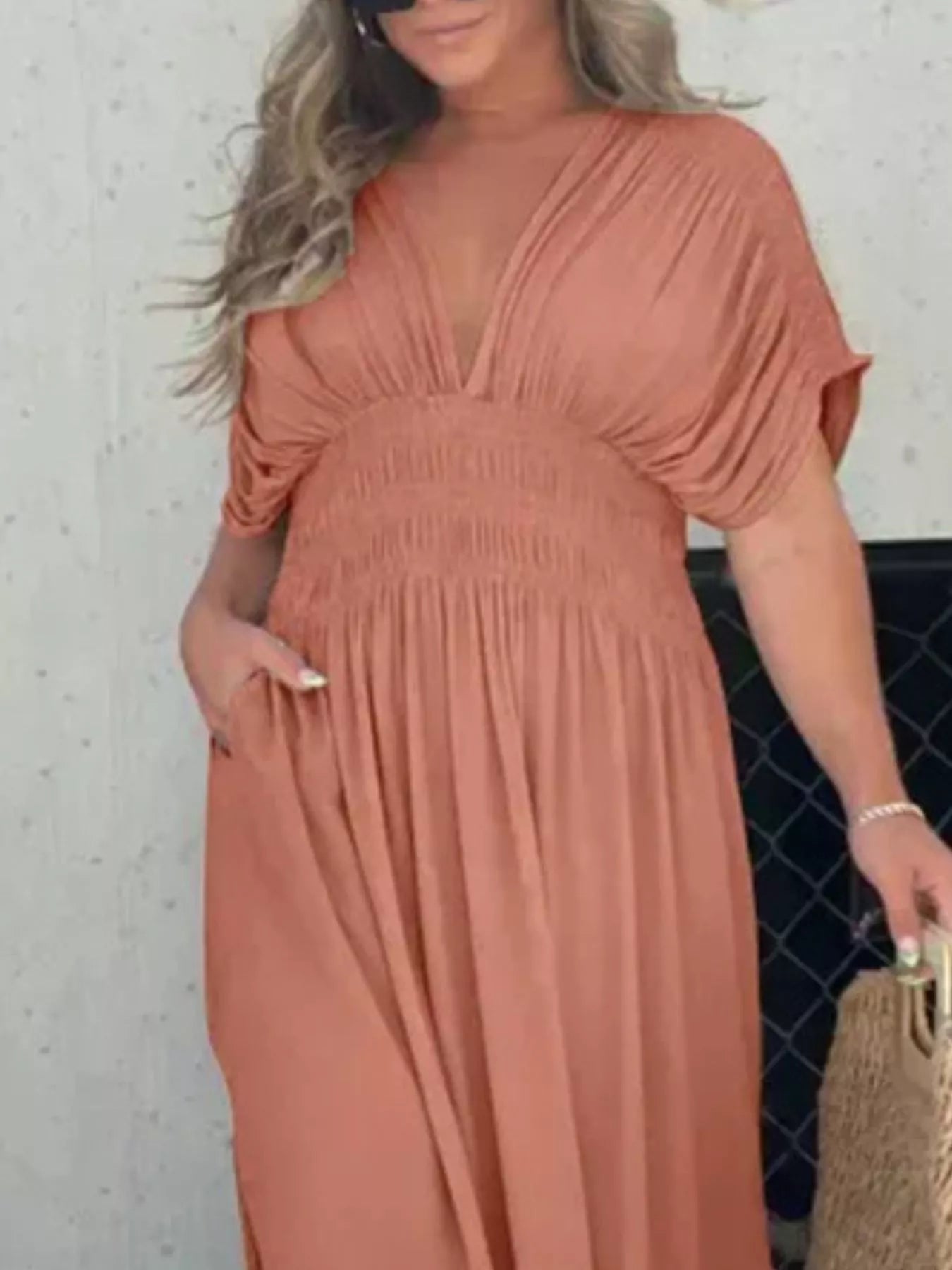 Plus size Trendsi maxi dress with slit V-neck and smocked waist, full-length flowy dress for elegant summer or evening wear.