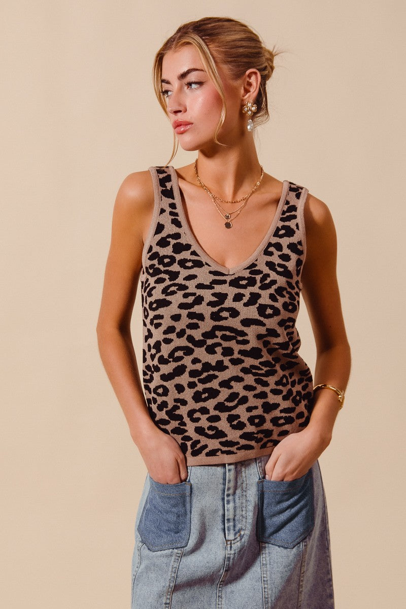 Women's leopard print lightweight V-neck knitted tank top with sleeveless design, stylish and comfortable for casual wear.
