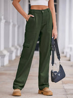 High-waisted cargo denim jeans from Plush Fashion Shop, featuring a relaxed fit with multiple pockets and a classic blue wash.