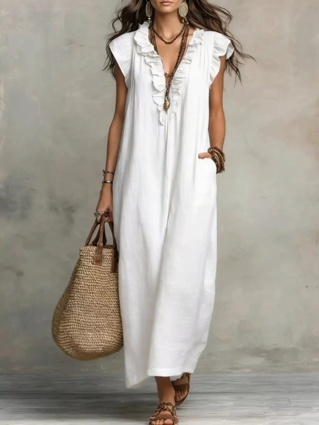 Plus size ruffled v-neck cap sleeve maxi dress by Trendsi, featuring a full-length flowy design and elegant ruffle details.