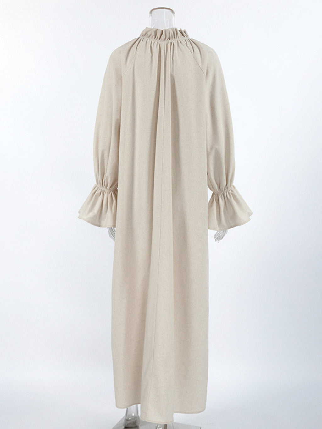 Cotton linen maxi dress with tie neck and flounce sleeves from Trendsi, featuring a flowing silhouette and casual elegance.