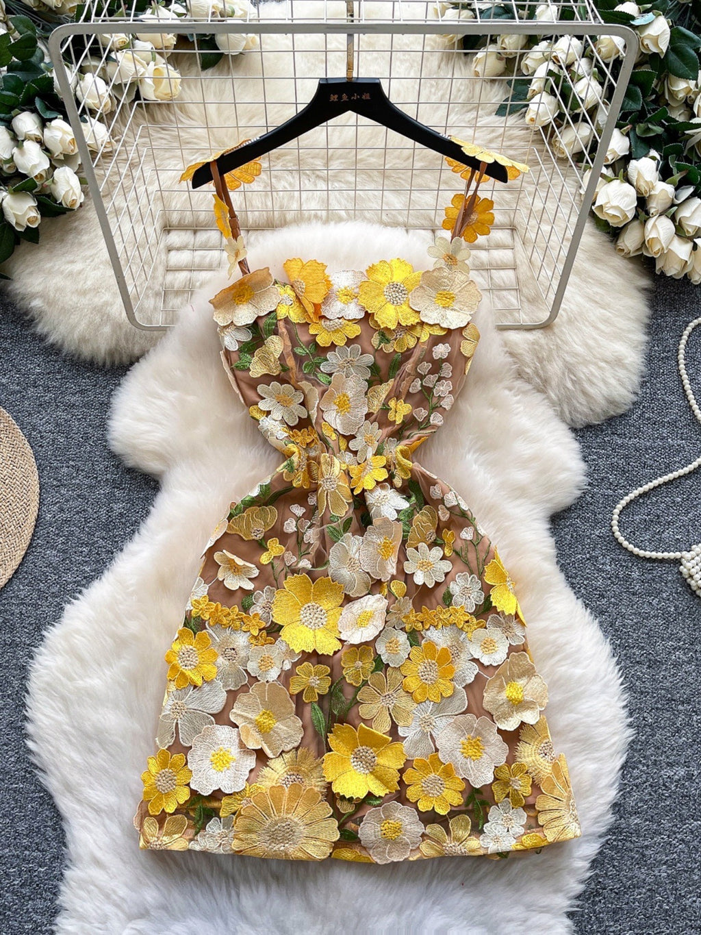 Floral embroidered tie waist mini dress by Trendsi, elegant summer A-line dress with colorful floral embroidery and a flattering fit.