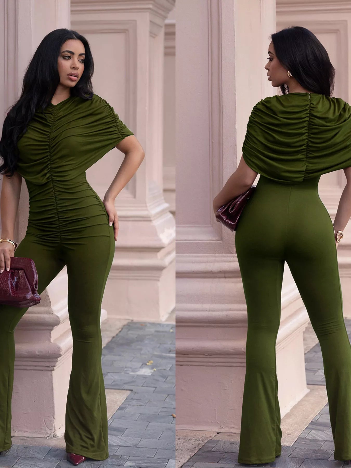 Black ruched flare leg jumpsuit by Trendsi featuring a fitted bodice and flared pants, perfect for stylish casual or evening wear.