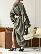 Cotton linen maxi dress with tie-neck and flounce sleeves, trendy dress from Trendsi featuring a flowing design and relaxed fit.