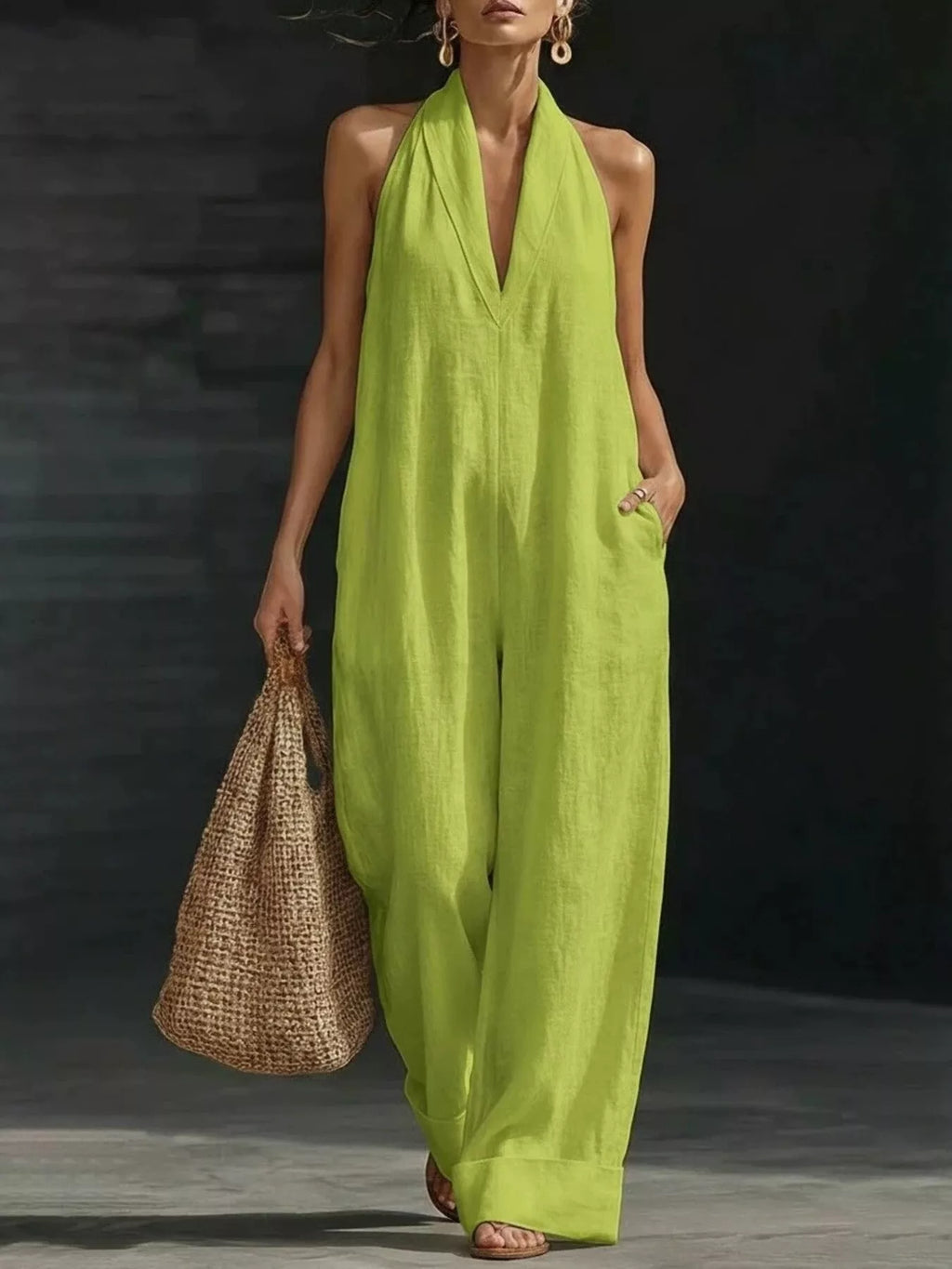 Halter neck wide-leg jumpsuit by Trendsi featuring a stylish design, with the focus on the halter neckline and flowing wide-leg silhouette.