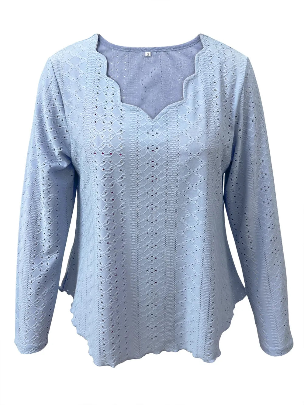 Elegant women's eyelet long sleeve blouse by Trendsi featuring a versatile stretchy design, perfect for office or casual wear.