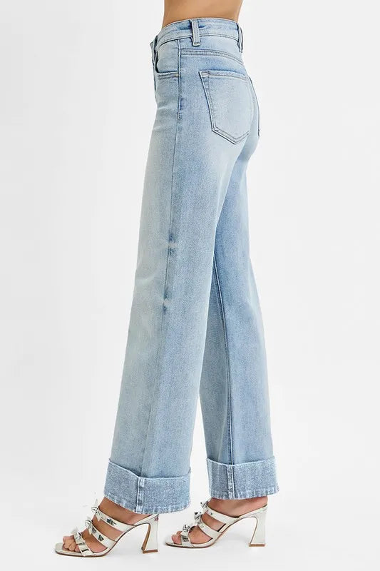 High-rise Plush Fashion Hub tummy control wide cuff ankle jeans in stretchy denim, featuring a fitted waist and cuffed ankle design.