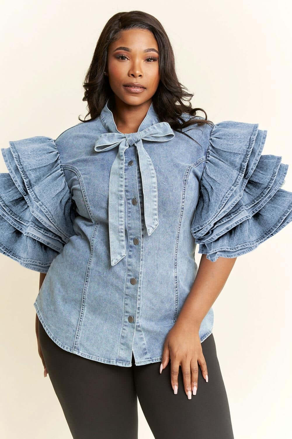 Denim Bow Blouse with Ruffle Sleeves {GREAT STRETCH}