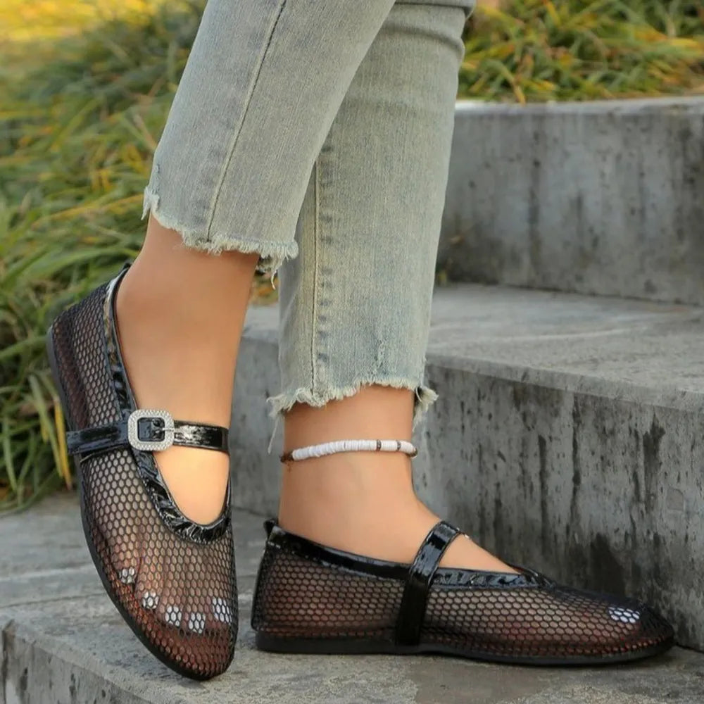 Women's breathable mesh round toe flat sandals by Trendsi, showcasing comfortable everyday footwear with open-toe design and casual style.
