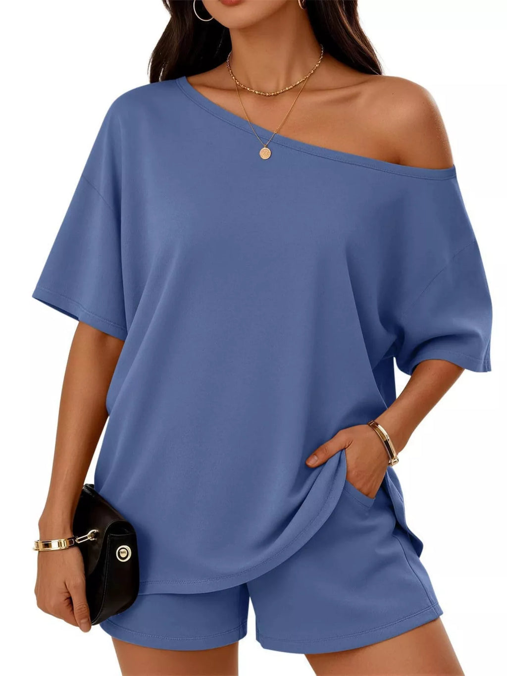 Plus size full size one shoulder top and shorts set by Trendsi, featuring a stylish casual summer outfit with a relaxed fit.