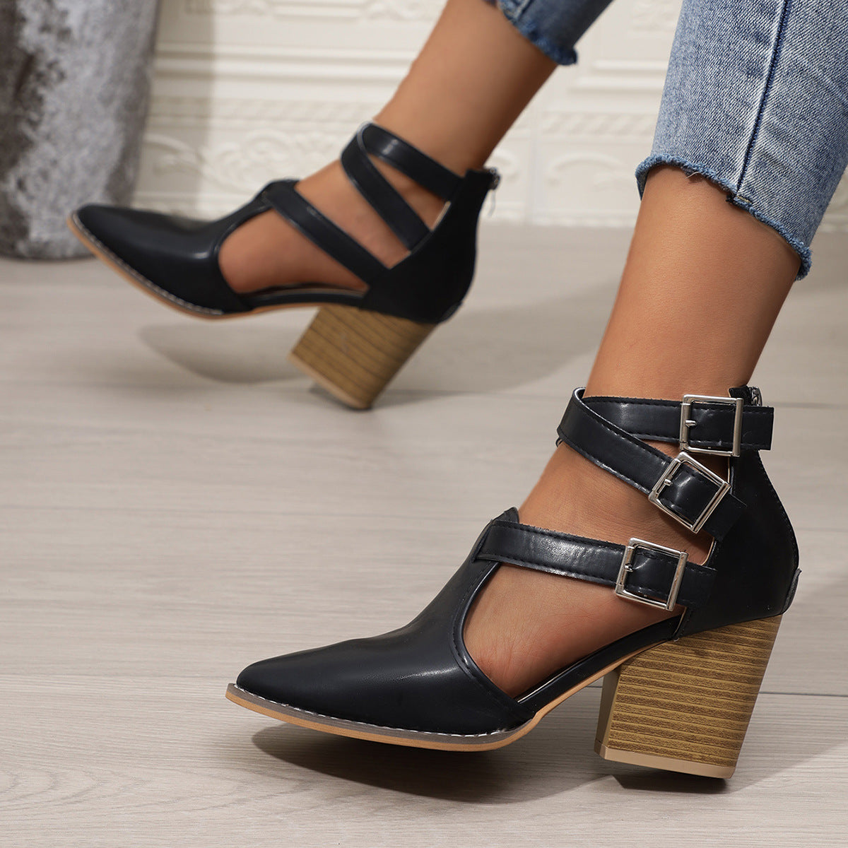 Women's pointed toe block heel pumps in premium PU leather, stylish and comfortable shoe by Trendsi.
