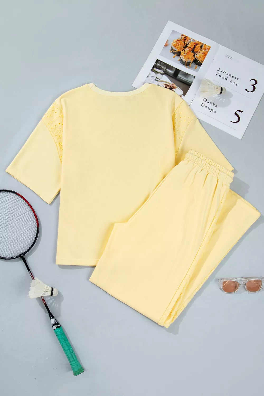 Trendsi half sleeve top and drawstring pants set featuring a casual, comfortable stylish outfit in neutral fabric.