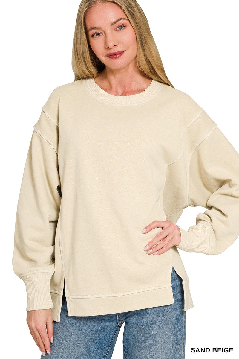 Plush Fashion Hub oversized pigment dye fleece crewneck sweatshirt with exposed seams, casual and cozy fit, gray color, front view