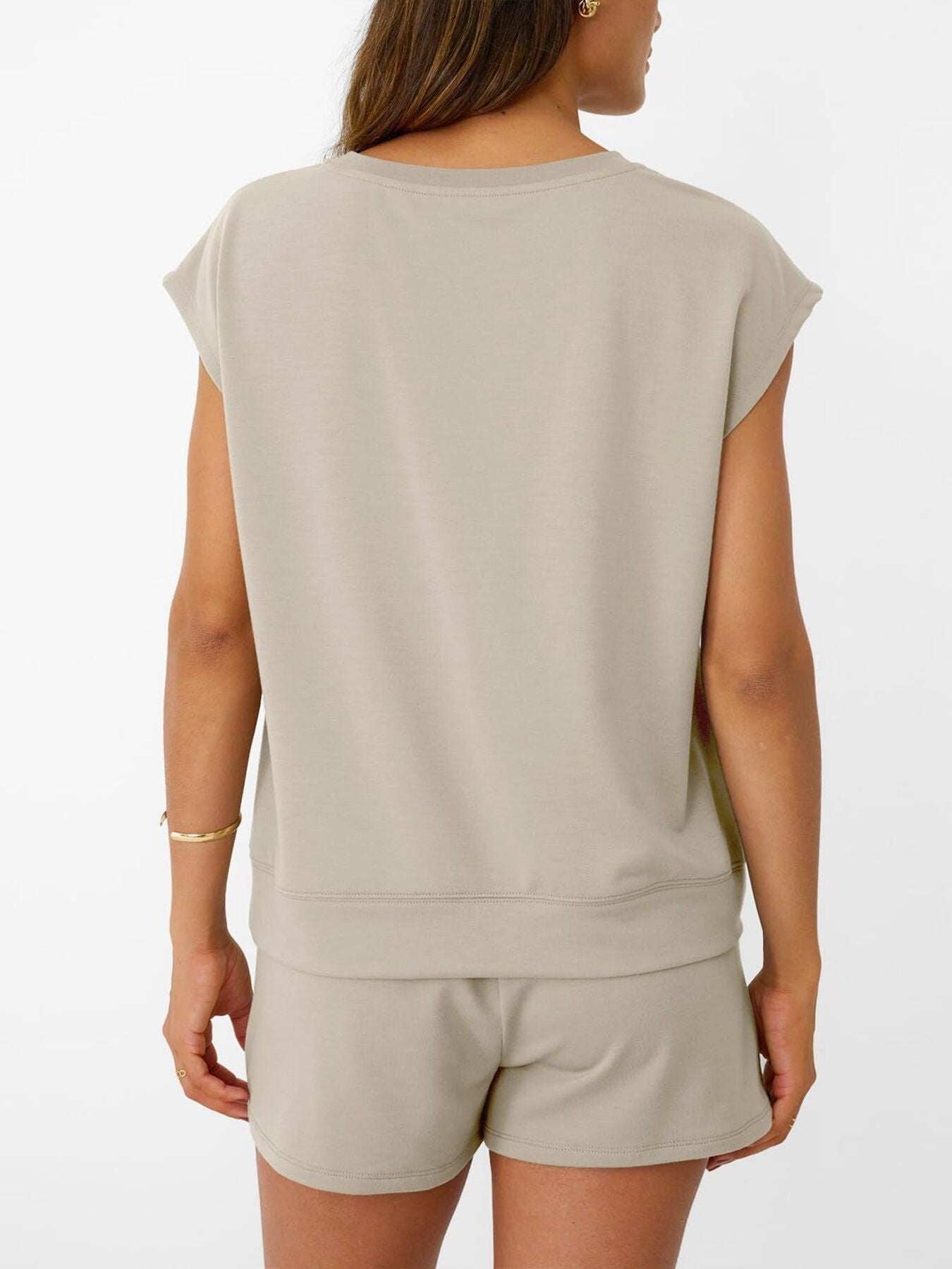Women's soft round neck cap sleeve lounge set with drawstring shorts, stylish and comfortable 2-piece outfit by Trendsi.