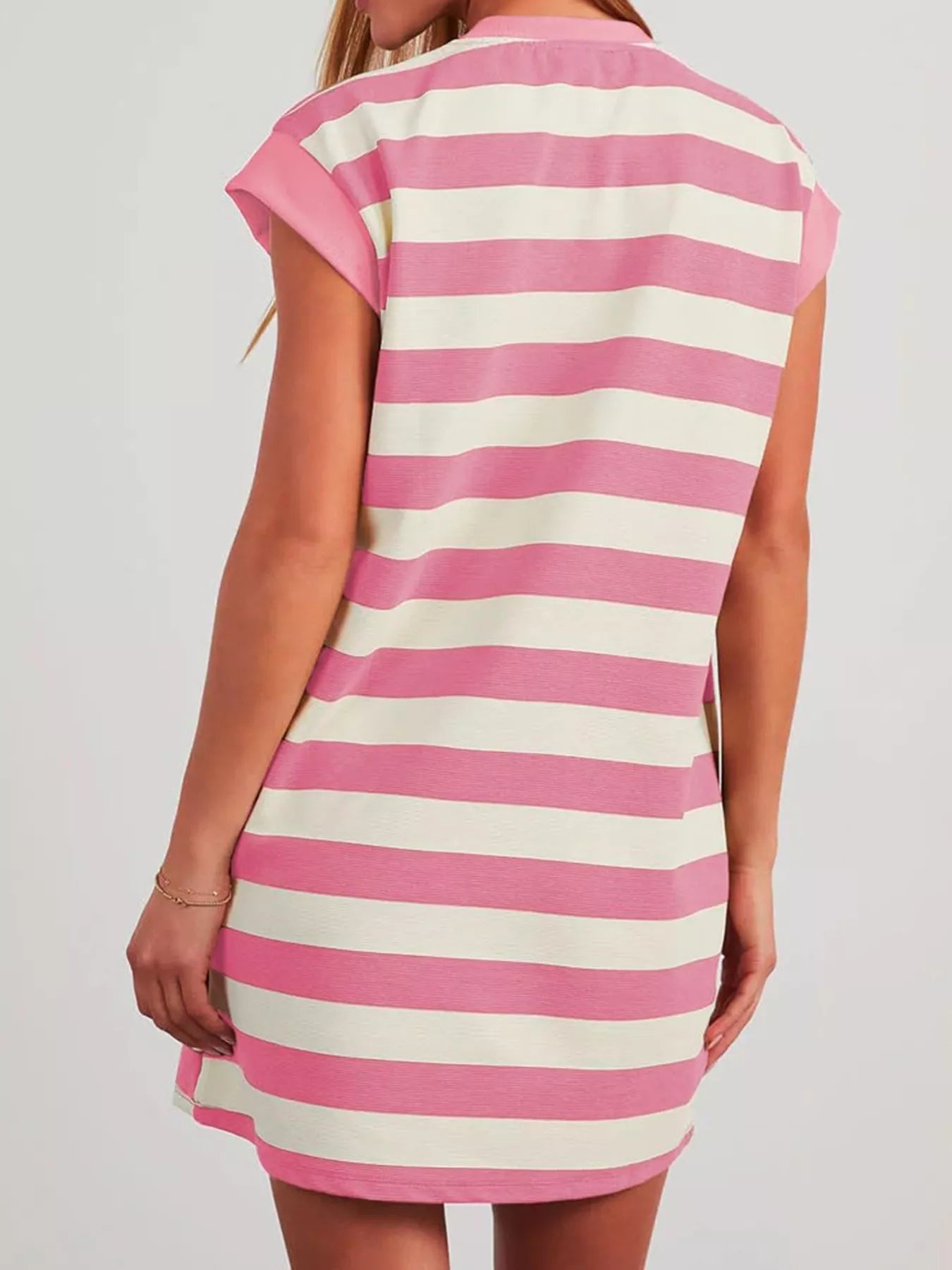Plus size casual striped mini dress with short sleeves, featuring a full size fit and trendy style from Trendsi.