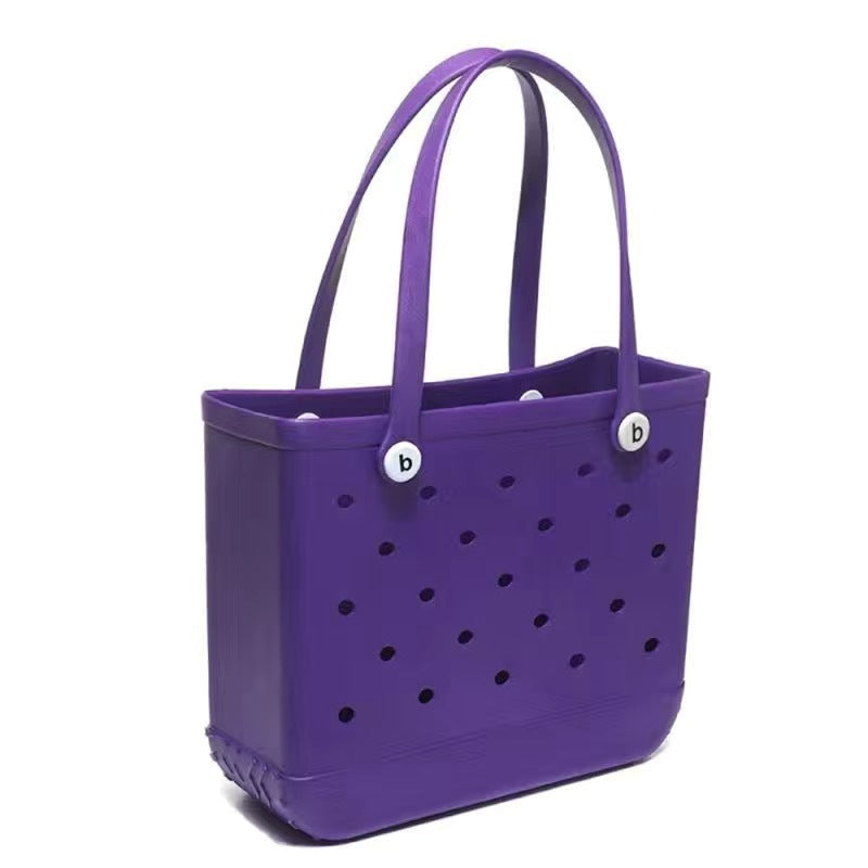 Women's waterproof EVA jelly beach bag by Plush Fashion Hub, lightweight summer tote with transparent, colorful design.