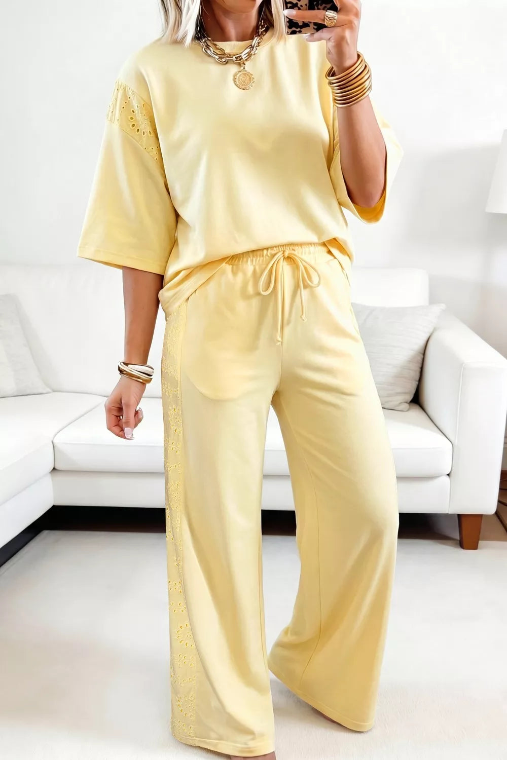 Trendsi half sleeve top and drawstring pants set in soft fabric, casual and comfortable outfit for everyday wear.